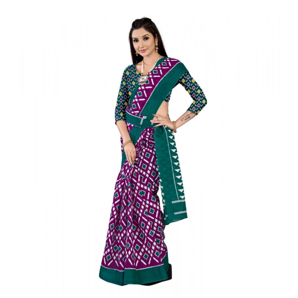 Women's Soft Pure Cotton Printed Saree With Unstitched Blouse 5.5Mtr (Purple) - Image 2