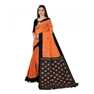 Women's Soft Pure Cotton Printed Saree With Unstitched Blouse 5.5Mtr (Orange)