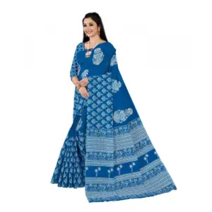 Women's Soft Pure Cotton Printed Saree With Unstitched Blouse 5.5Mtr (Blue)