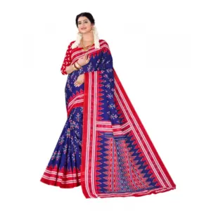 Women's Soft Pure Cotton Printed Saree With Unstitched Blouse 5.5Mtr (Blue)