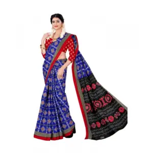 Women's Soft Pure Cotton Printed Saree With Unstitched Blouse 5.5Mtr (Blue)