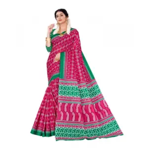 Women's Soft Pure Cotton Printed Saree With Unstitched Blouse 5.5Mtr (Pink)