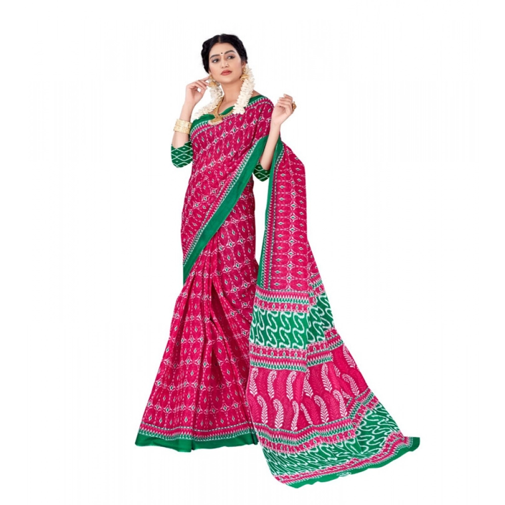 Women's Soft Pure Cotton Printed Saree With Unstitched Blouse 5.5Mtr (Pink) - Image 2