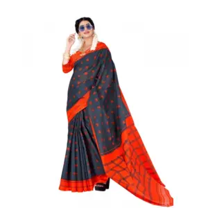 Women's Soft Pure Cotton Printed Saree With Unstitched Blouse 5.5Mtr (Grey)