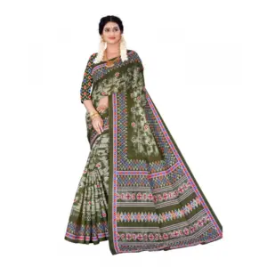 Women's Soft Pure Cotton Printed Saree With Unstitched Blouse 5.5Mtr (Multicolor)