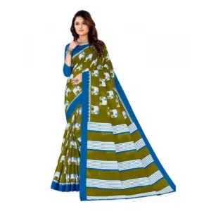 Women's Soft Pure Cotton Printed Saree With Unstitched Blouse 5.5Mtr (Mehendi green)