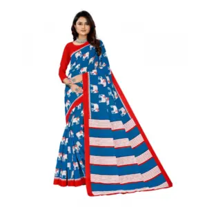 Women's Soft Pure Cotton Printed Saree With Unstitched Blouse 5.5Mtr (Blue)