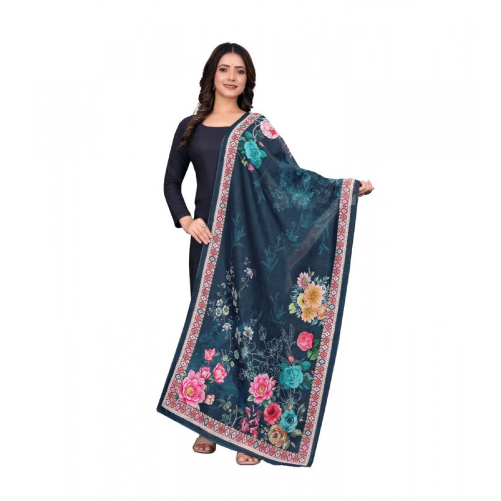 Women's chanderi silk Printed Dupatta (Navy Blue, Length: 2 Mtr)
