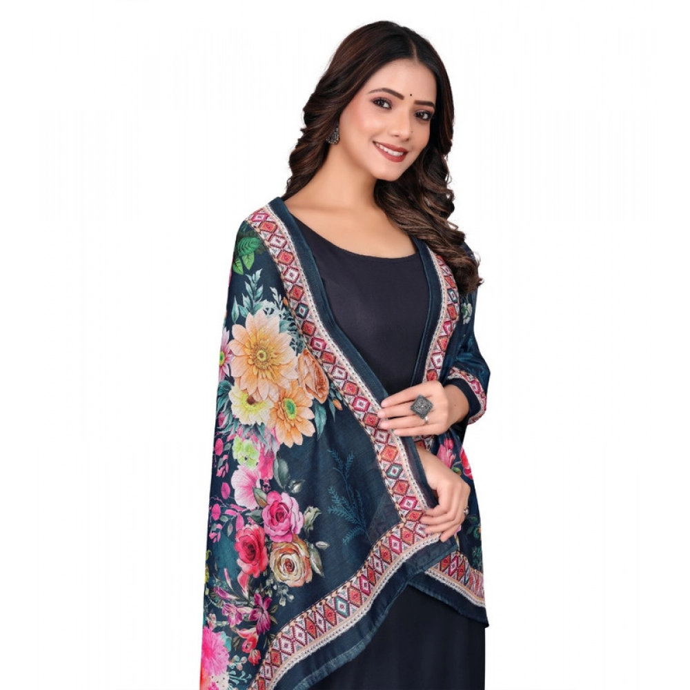 Women's chanderi silk Printed Dupatta (Navy Blue, Length: 2 Mtr) - Image 2