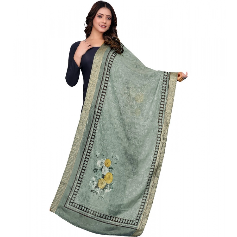 Women's chanderi silk Printed Dupatta (Green, Length: 2 Mtr)