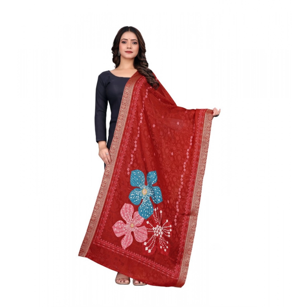 Women's chanderi silk Printed Dupatta (Red, Length: 2 Mtr)