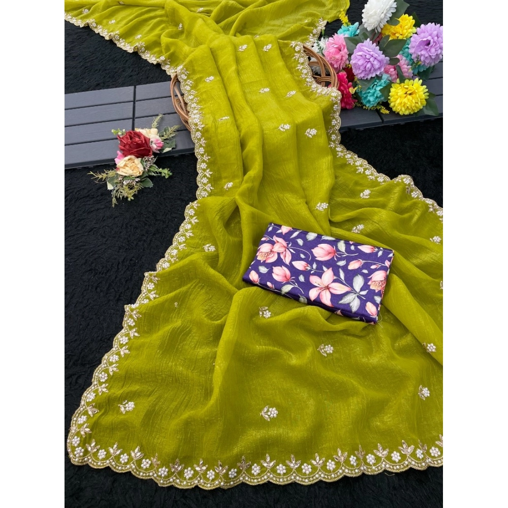 Women's Stone Work Soft Silk Saree With Unstitched Blouse (Green, 5-6 Mtrs) - Image 3