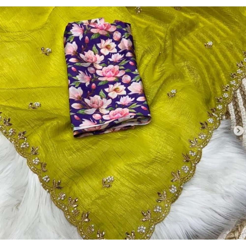 Women's Stone Work Soft Silk Saree With Unstitched Blouse (Green, 5-6 Mtrs) - Image 2