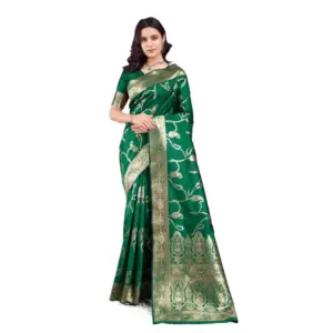 Women's Banarasi Silk Printed Saree With Unstitched Blouse 5.5Mtr (Green)