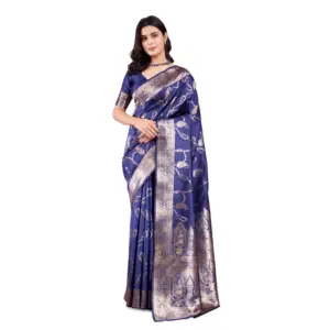 Women's Banarasi Silk Printed Saree With Unstitched Blouse 5.5Mtr (Blue)