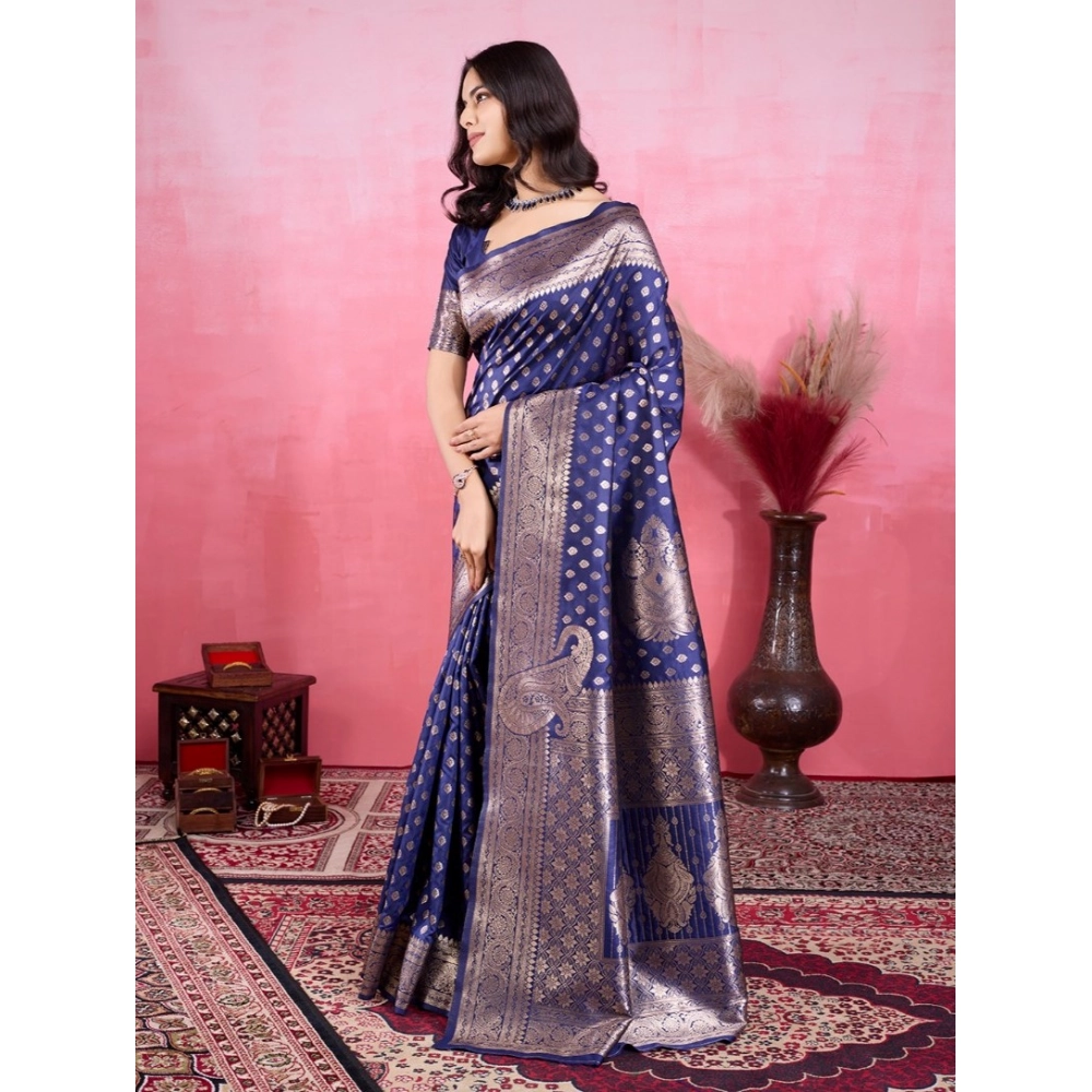Women's Banarasi Silk Printed Saree With Unstitched Blouse 5.5Mtr (Blue) - Image 3
