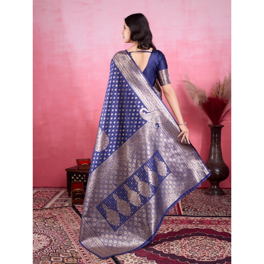 Women's Banarasi Silk Printed Saree With Unstitched Blouse 5.5Mtr (Blue) - Image 2