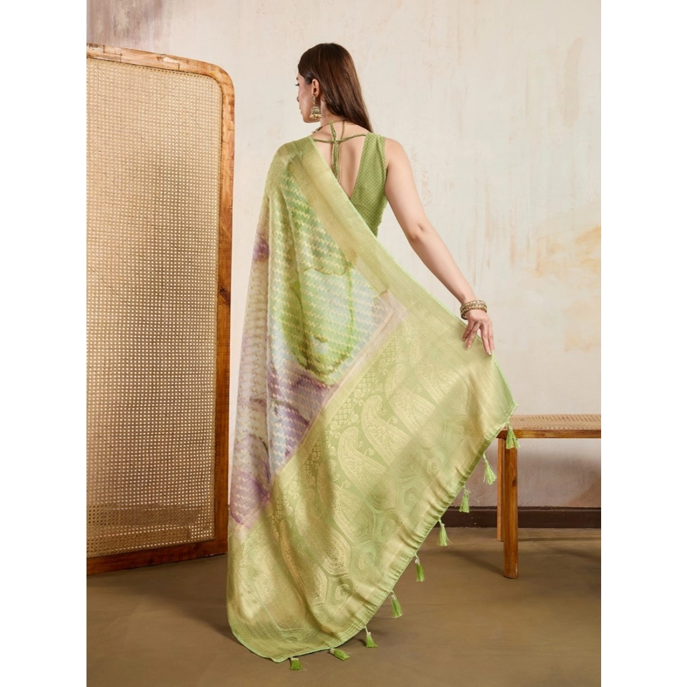 Women's Viscose Printed Saree With Unstitched Blouse 5.5Mtr (Light Green) - Image 4