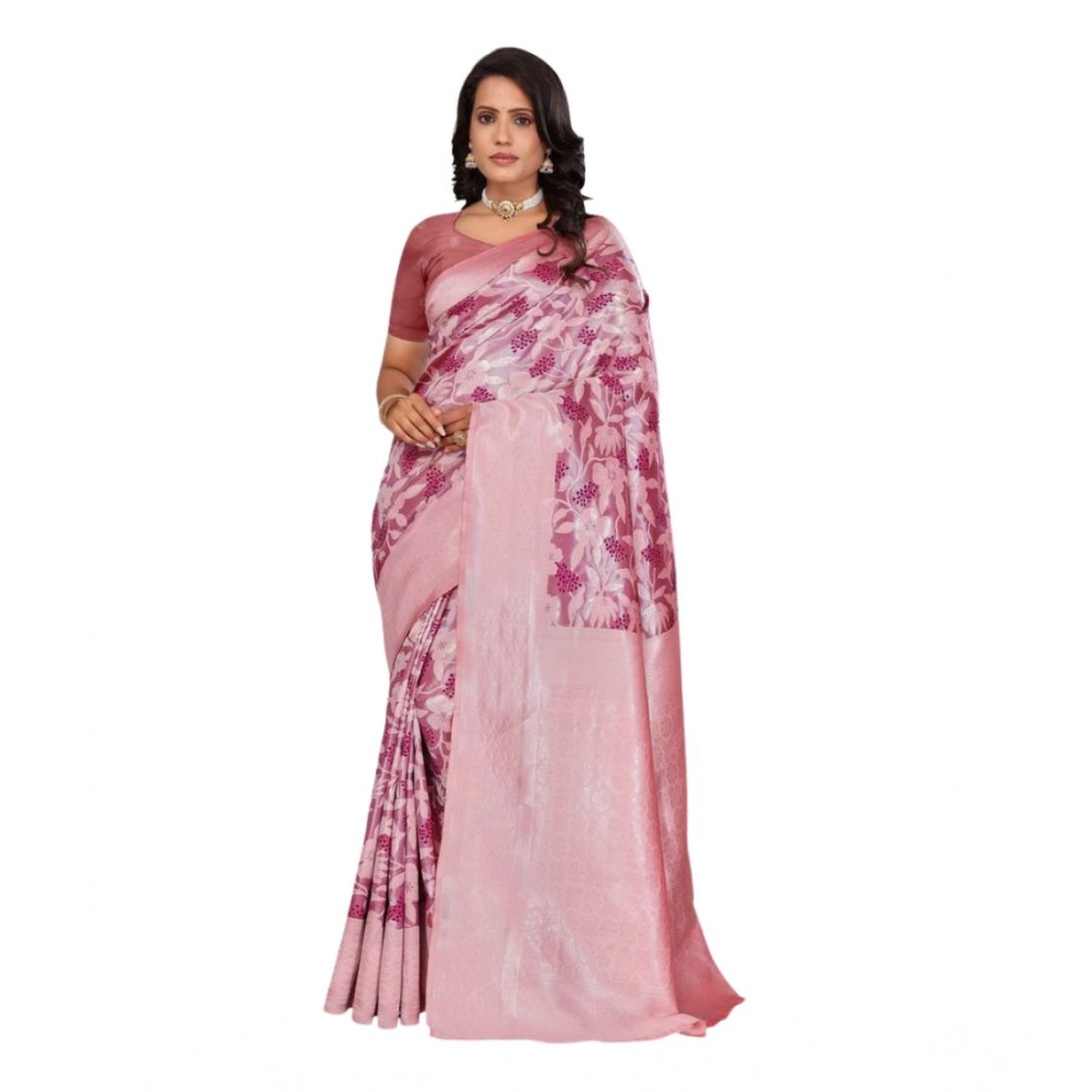 Women's Banarasi Silk Jaquard Woven Saree With Unstitched Blouse 5.5Mtr (Pink) - Image 3