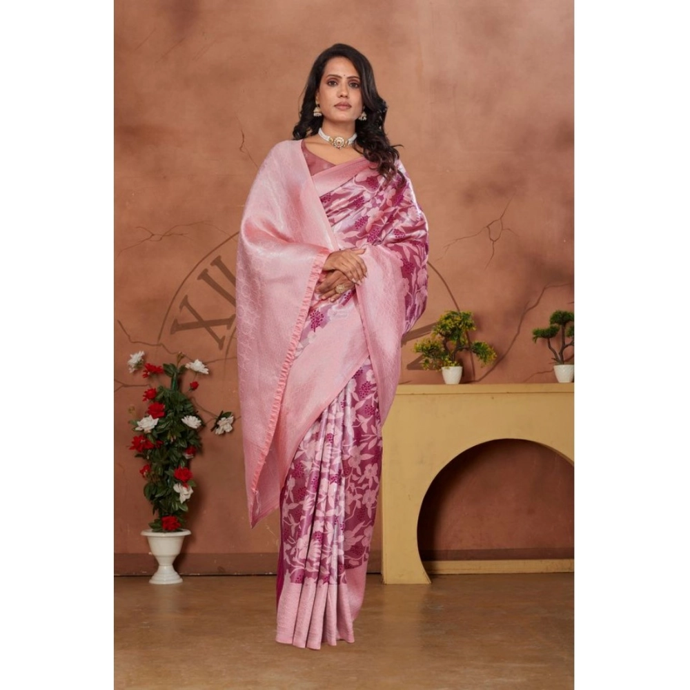 Women's Banarasi Silk Jaquard Woven Saree With Unstitched Blouse 5.5Mtr (Pink) - Image 2
