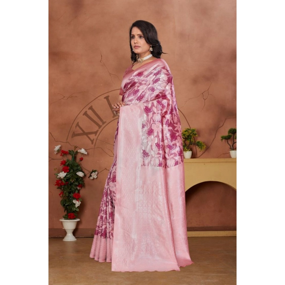 Women's Banarasi Silk Jaquard Woven Saree With Unstitched Blouse 5.5Mtr (Pink) - Image 5
