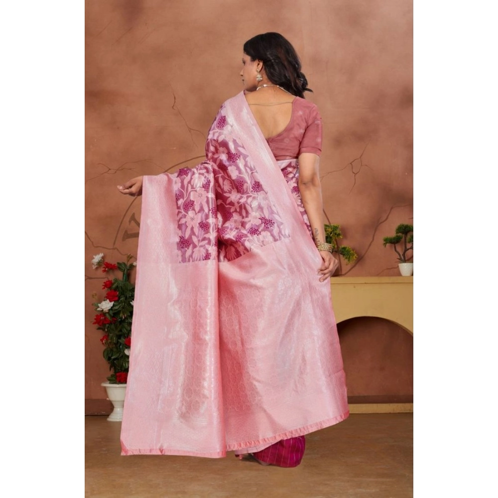 Women's Banarasi Silk Jaquard Woven Saree With Unstitched Blouse 5.5Mtr (Pink) - Image 4