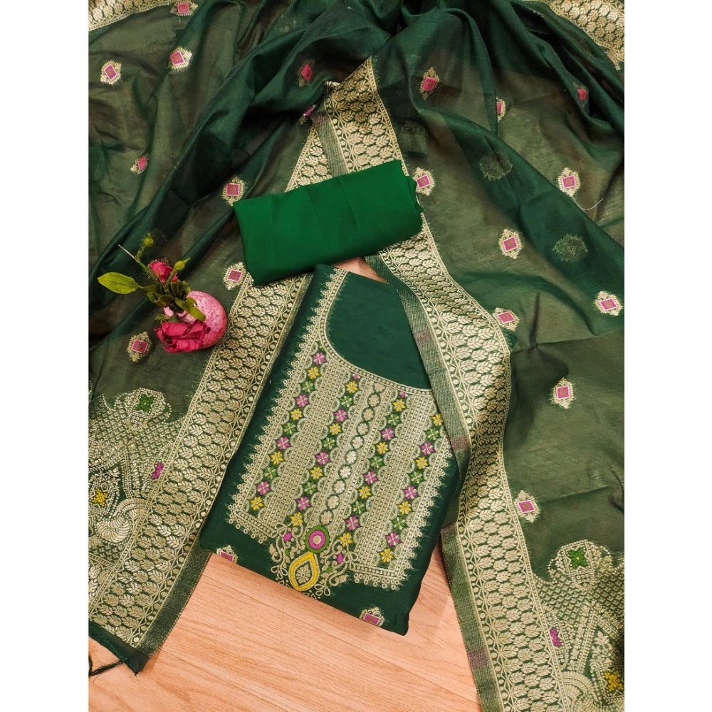 Women's Banarasi Silk Printed Unstitched Salwar Suit Material With Dupatta (Bottle Green, 3Mtrs) - Image 2