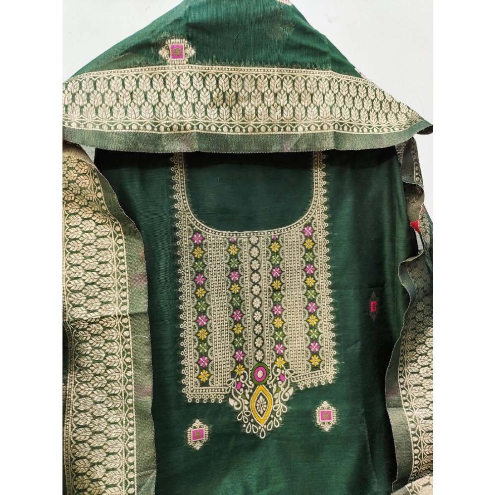 Women's Banarasi Silk Printed Unstitched Salwar Suit Material With Dupatta (Bottle Green, 3Mtrs) - Image 3