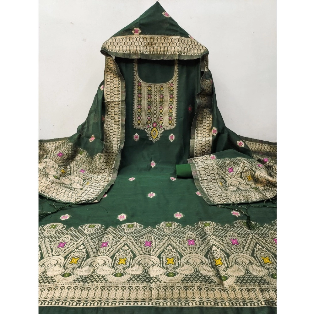 Women's Banarasi Silk Printed Unstitched Salwar Suit Material With Dupatta (Bottle Green, 3Mtrs) - Image 4