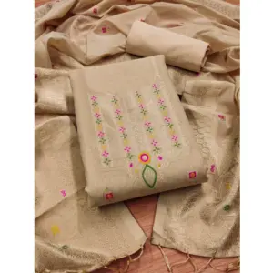 Women's Banarasi Silk Printed Unstitched Salwar Suit Material With Dupatta (Cream, 3Mtrs)