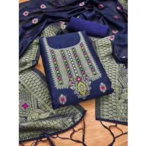 Women's Banarasi Silk Printed Unstitched Salwar Suit Material With Dupatta (Navy Blue, 3Mtrs)