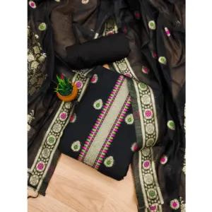 Women's Banarasi Silk Printed Unstitched Salwar Suit Material With Dupatta (Black, 3Mtrs)