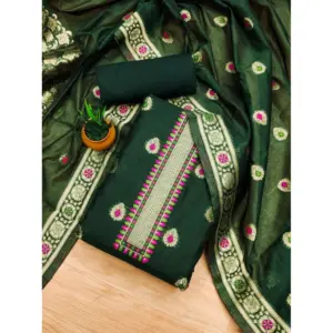 Women's Banarasi Silk Printed Unstitched Salwar Suit Material With Dupatta (Bottle Green, 3Mtrs)
