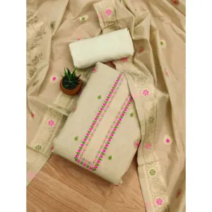 Women's Banarasi Silk Printed Unstitched Salwar Suit Material With Dupatta (Cream, 3Mtrs)