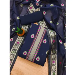 Women's Banarasi Silk Printed Unstitched Salwar Suit Material With Dupatta (Navy Blue, 3Mtrs)