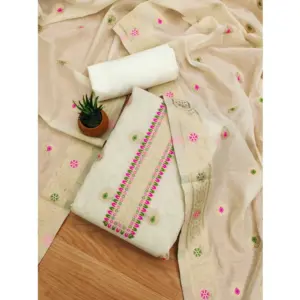 Women's Banarasi Silk Printed Unstitched Salwar Suit Material With Dupatta (White, 3Mtrs)