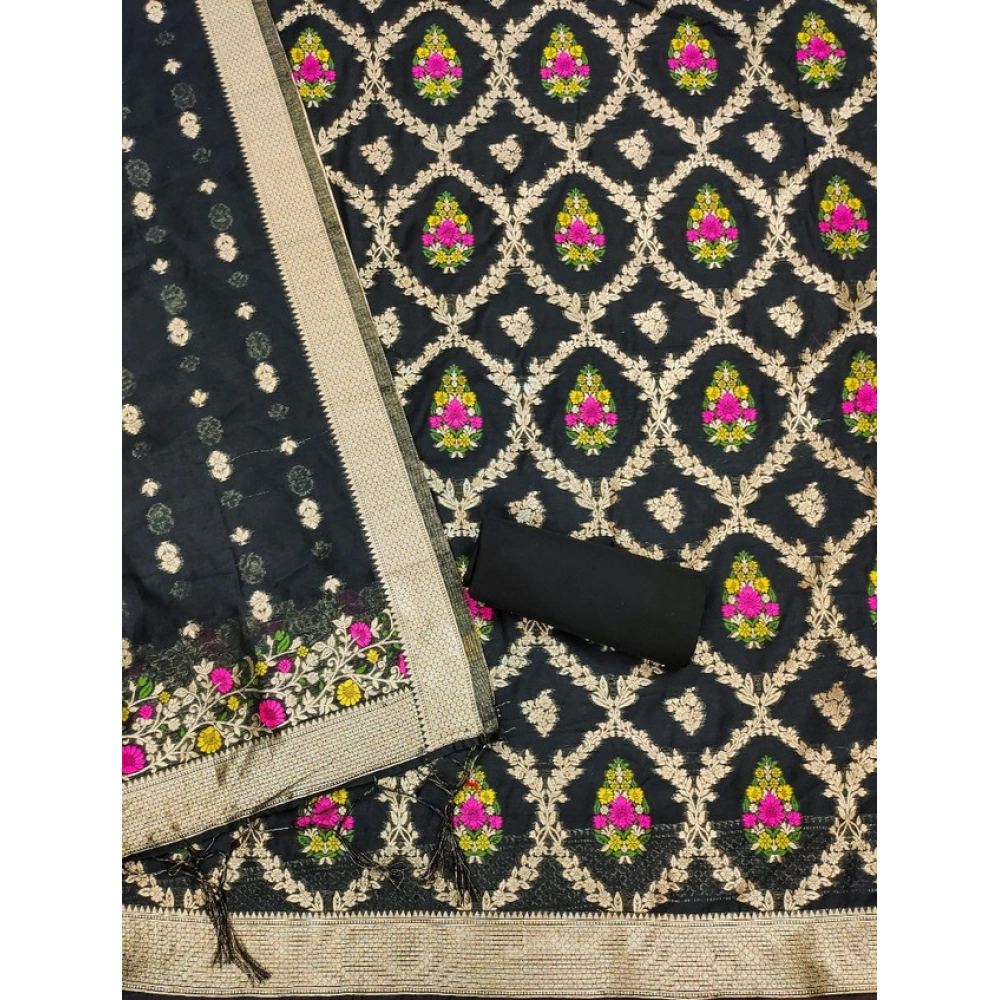 Women's Banarasi Silk Printed Unstitched Salwar Suit Material With Dupatta (Black, 3Mtrs) - Image 2