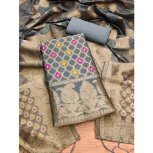 Women's Banarasi Silk Printed Unstitched Salwar Suit Material With Dupatta (Grey, 3Mtrs)