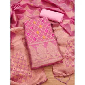 Women's Banarasi Silk Printed Unstitched Salwar Suit Material With Dupatta (Pink, 3Mtrs)
