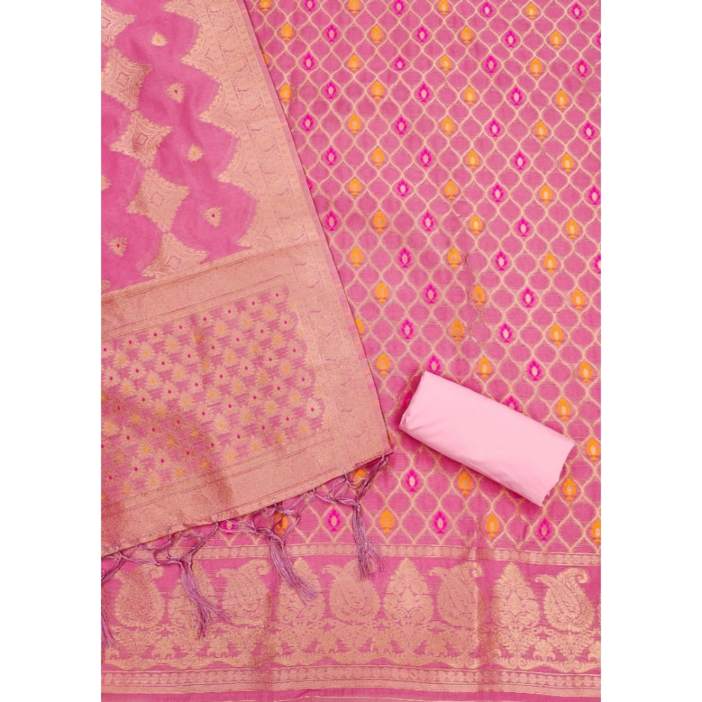 Women's Banarasi Silk Printed Unstitched Salwar Suit Material With Dupatta (Pink, 3Mtrs) - Image 3