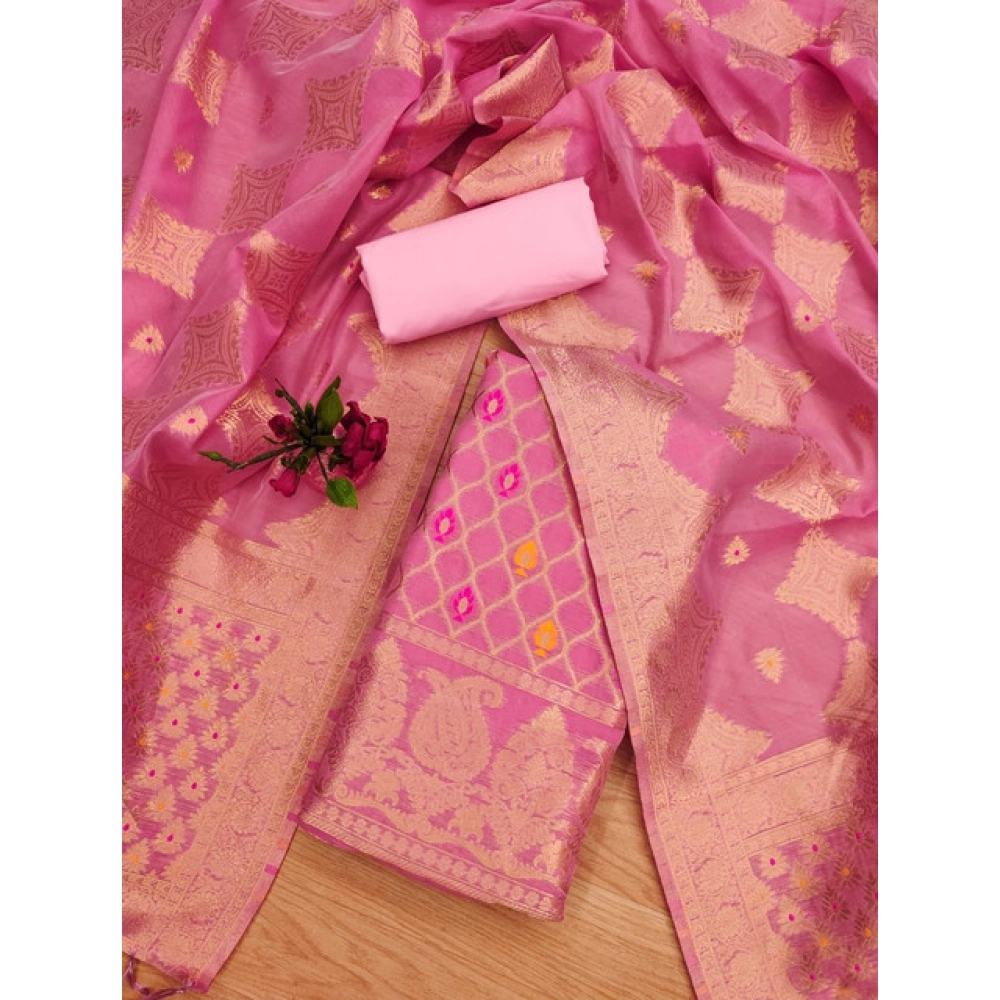 Women's Banarasi Silk Printed Unstitched Salwar Suit Material With Dupatta (Pink, 3Mtrs) - Image 4