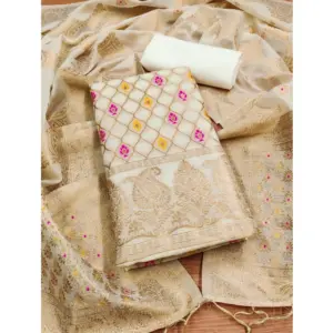 Women's Banarasi Silk Printed Unstitched Salwar Suit Material With Dupatta (White, 3Mtrs)