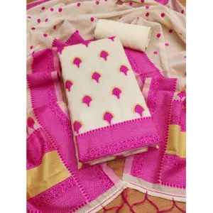 Women's Banarasi Silk Printed Unstitched Salwar Suit Material With Dupatta (Pink, 3Mtrs)