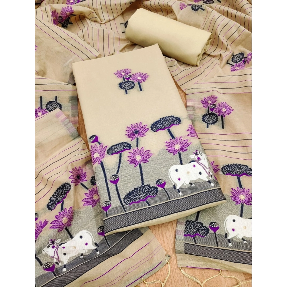 Women's Banarasi Silk Printed Unstitched Salwar Suit Material With Dupatta (Cream, 3Mtrs)