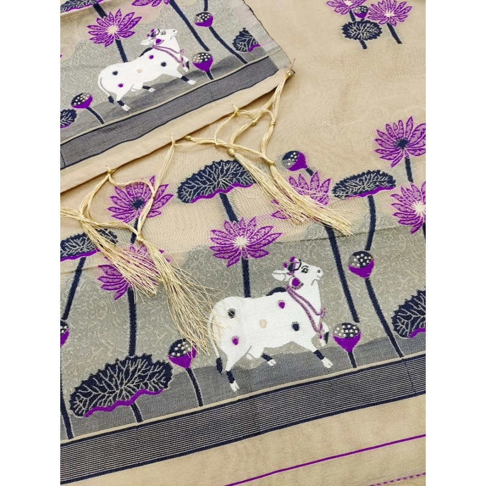 Women's Banarasi Silk Printed Unstitched Salwar Suit Material With Dupatta (Cream, 3Mtrs) - Image 2