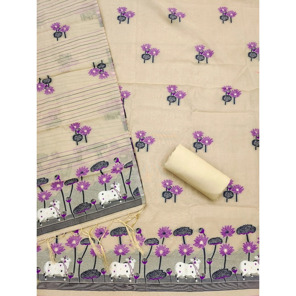 Women's Banarasi Silk Printed Unstitched Salwar Suit Material With Dupatta (Cream, 3Mtrs) - Image 3