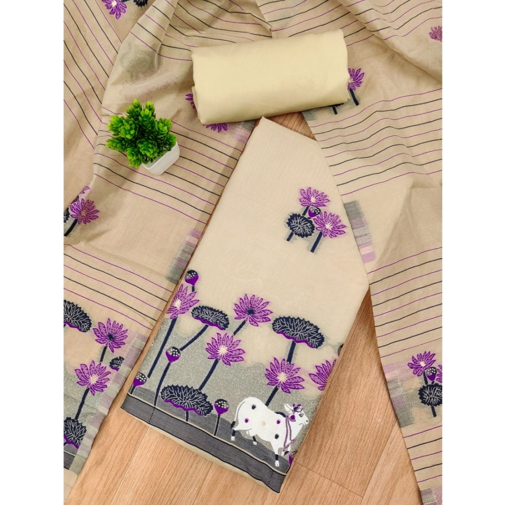 Women's Banarasi Silk Printed Unstitched Salwar Suit Material With Dupatta (Cream, 3Mtrs) - Image 4