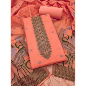 Women's Banarasi Silk Printed Unstitched Salwar Suit Material With Dupatta (Peach, 3Mtrs)