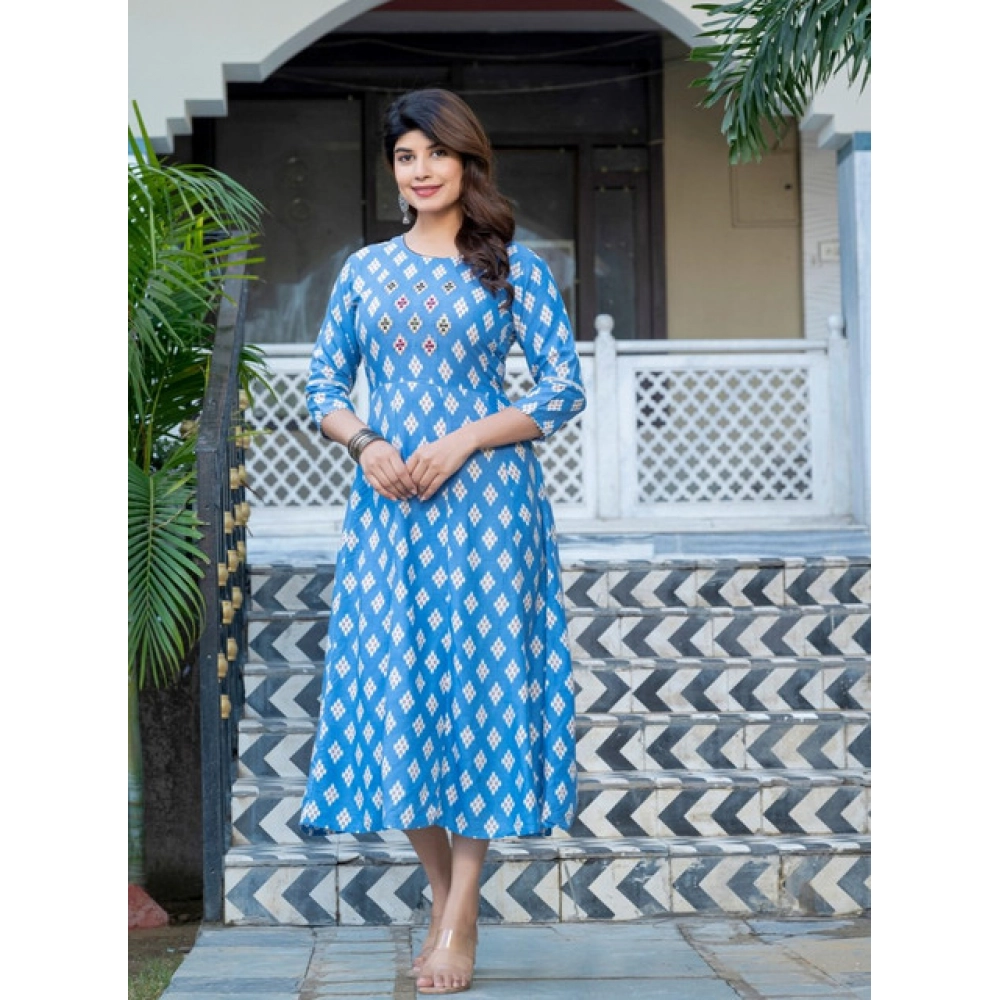 Women's Rayon Print With Embroidery Work A-Line Kurti (Sky Blue) - Image 5