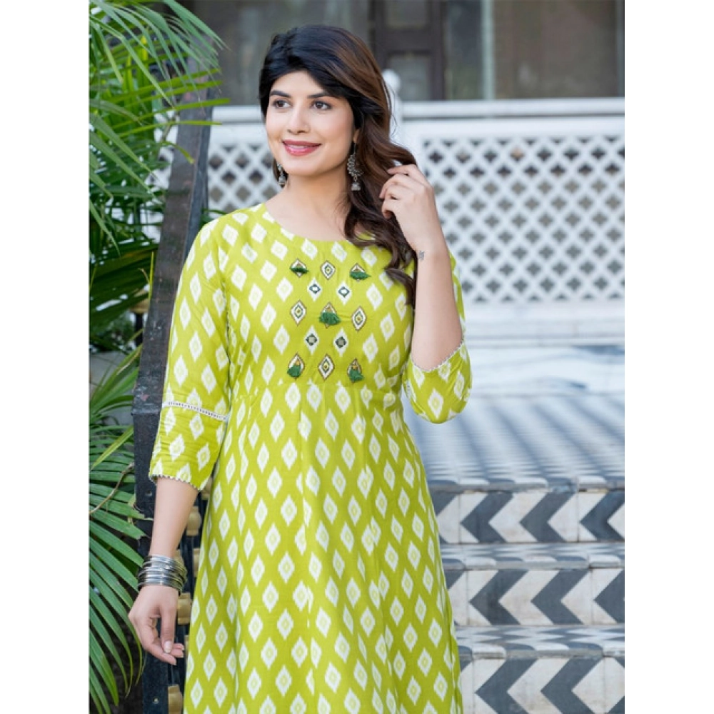 Women's Rayon Print With Embroidery Work A-Line Kurti (Parrot) - Image 4